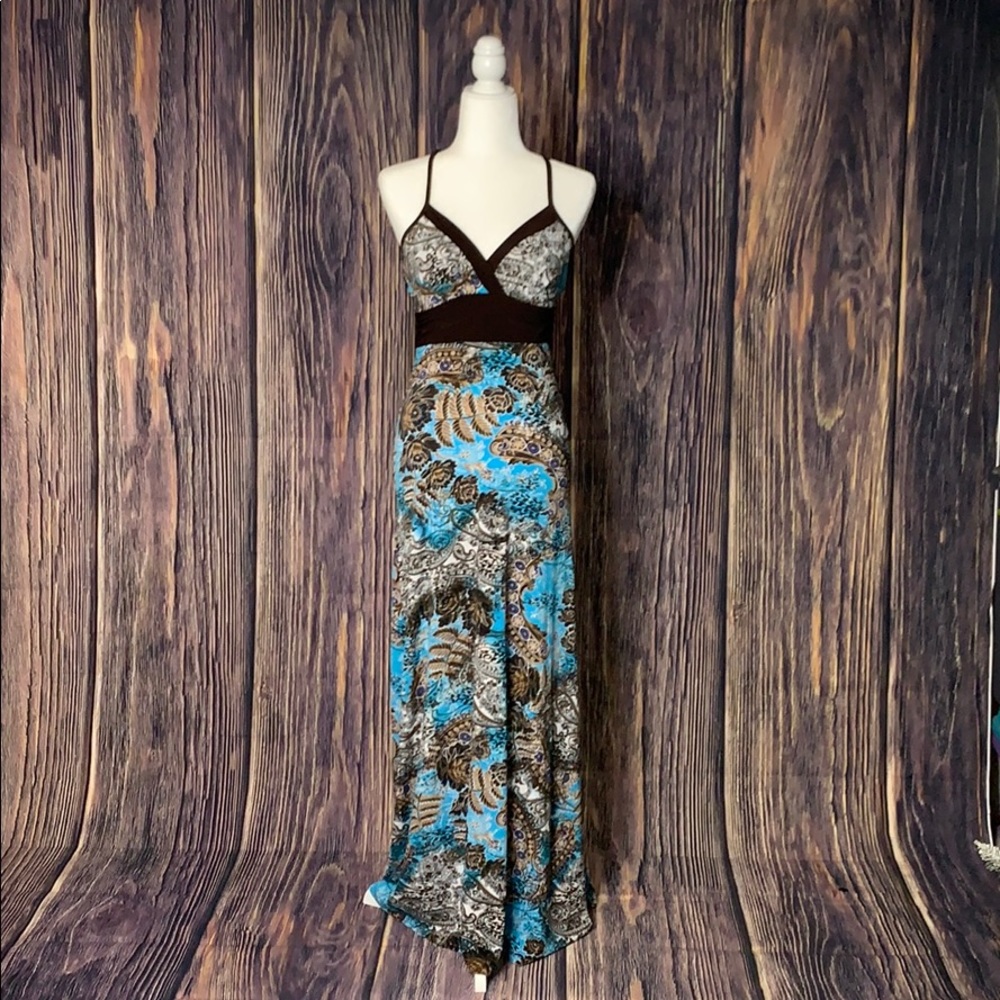 Arden B Blue + Brown Paisley Cross Back Maxi Dress